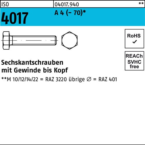 Sechskantschraube ISO 4017 VG M4x 45 A 4 200 Stück - VPE: 200