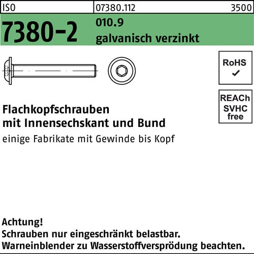 Flachkopfschraube ISO 7380-2 Bund/Innen-6kt M6x10 0109 galvverz 500St - VPE: 500