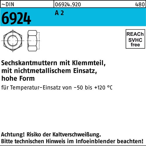 Sechskantmutter DIN 6924 Klemmteil M6 A 2 1000 Stück - VPE: 1000