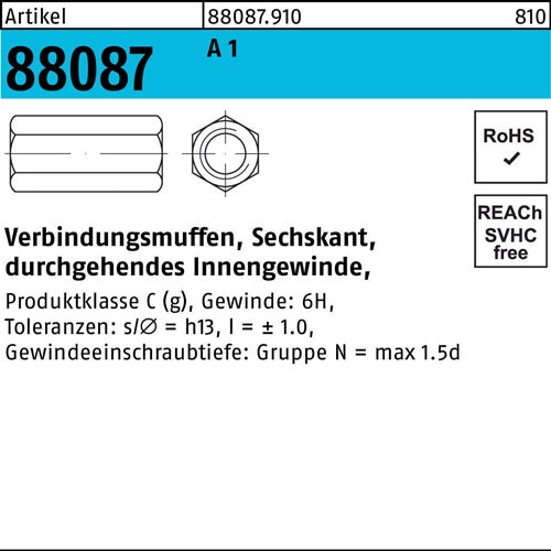 Sechskantverbindungsmuffe R 88087 M30x60 SW46 A1/14305 durchg Innengew 5St - VPE: 5
