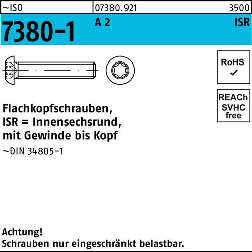 Flachkopfschraube ISO 7380-1 ISR VG M3x 20-T10 A 2 500 Stück - VPE: 500