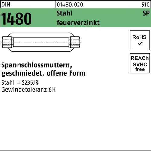 Spannschlossmutter DIN 1480 offen SP M 16 / 170 Stahl feuerverzinkt 1 Stück