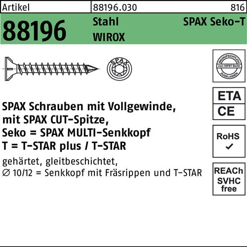 Schraube R 88196 Seko Spitze/T-STAR VG 10x350-T50 Sta galvverz WIROX 50St SPAX - VPE: 50