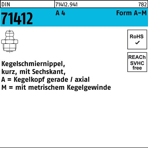 Kegelschmiernippel DIN 71412 FormA-M AM 8x 1 SW 9 A 4 50 Stück - VPE: 50