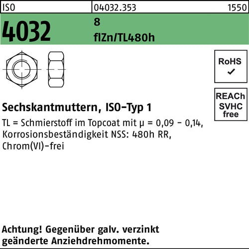 Sechskantmutter ISO 4032 M6 8 zinklamellenbes Gleitm flZnnc 480h-L 1000 Stück - VPE: 1000