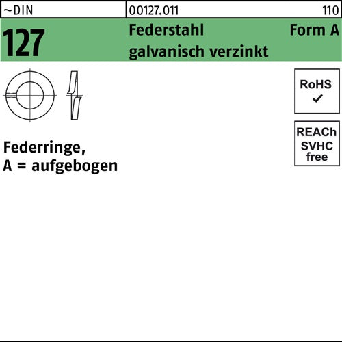 Federring DIN 127 A 8 Federstahl galvanisch verzinkt 1000 Stück