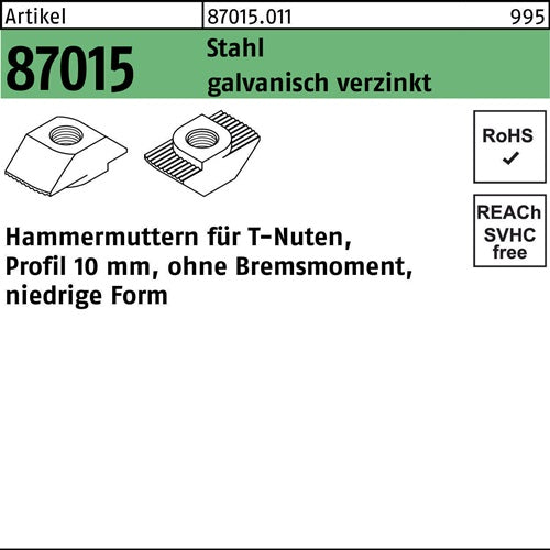 Hammerkopfmutter R 87015 oBremsmoment niedrig 10mm M 6 Stahl galvanisch verzinkt 100 Stück