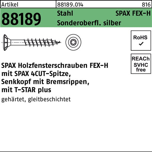 Holzfensterschraube R 88189 Seko Bremsrip T-STAR 4x30-T15 Sta silber 1000St SPAX - VPE: 1000