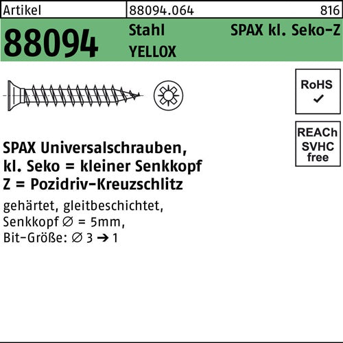 Schraube R 88094 SEKO kl Spitze/PZ 3x10/7-Z Stahl galvverz gelb 1000St SPAX - VPE: 1000