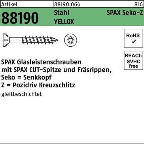 Glasleistenschraube R 88190 Seko PZ 35x40/23-Z2 Sta galvverz gelb 200St SPAX - VPE: 200
