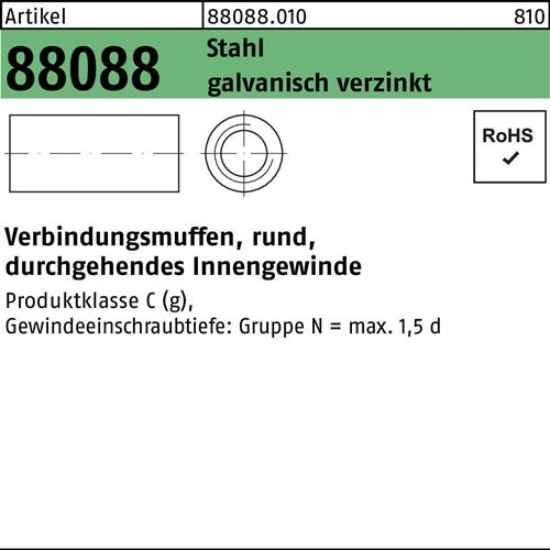 Verbindungsmuffe R 88088 rund IG M10x40x13 Stahl galvverz durchg IG 50St - VPE: 50