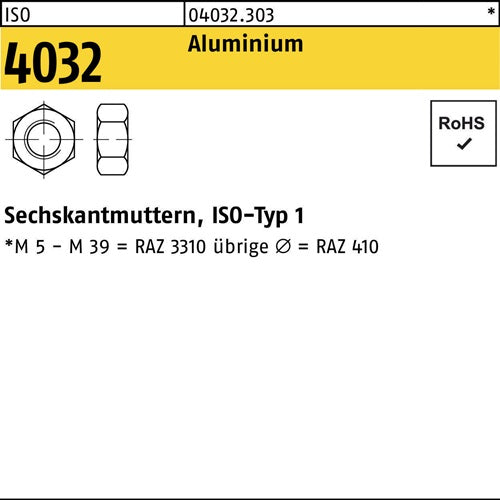 Sechskantmutter ISO 4032 M6 Aluminium 100 Stück - VPE: 100