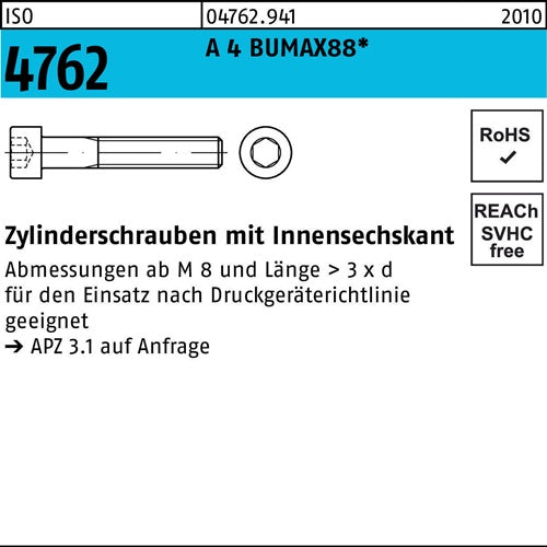 Zylinderschraube ISO 4762 Innen-6kt M8x 30 A 4 BUMAX88 50 Stück BUFAB - VPE: 50