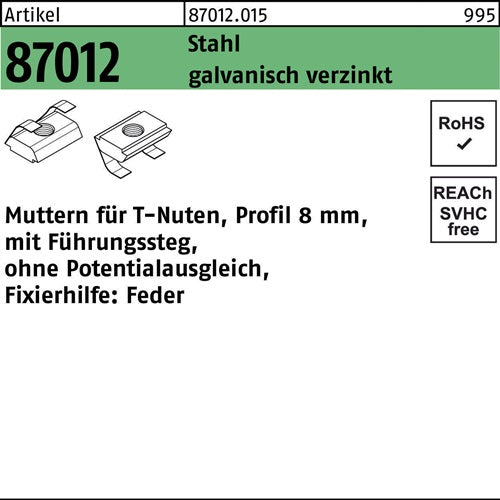 T-Nutenmutter R 87012 mFührungssteg/oPotenzialausgl 8mm M 6 Stahl galvanisch verzinkt 100 Stück