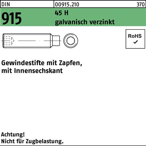 Gewindestift DIN 915 Zapfen/Innen-6kt M8x25 45 H galvverz 200St - VPE: 200