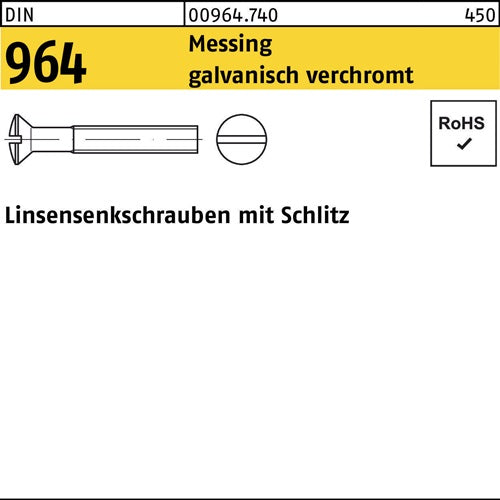 Linsensenkschraube DIN 964 Schlitz M 5 x 12 Messing galvanisch verchromt 200 Stück