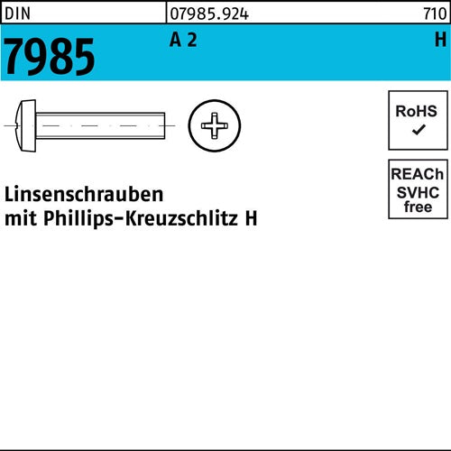 Linsenschraube DIN 7985 PH M10x 45-H A 2 100 Stück - VPE: 100