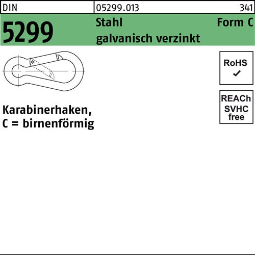 Feuerwehrkarabinerhaken DIN 5299 FormC birnenförmig C 40x4 Sta galvverz 100St - VPE: 100