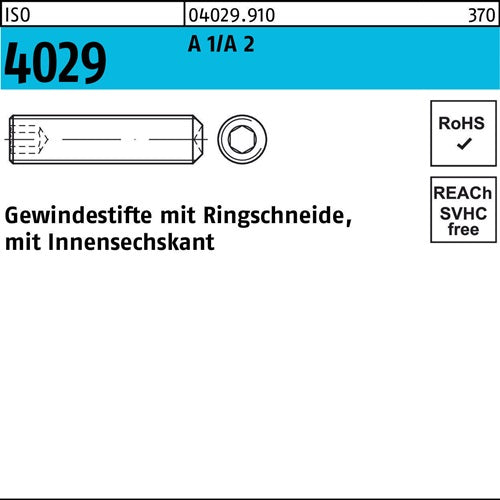Gewindestift ISO 4029 Ringschneide/Innen-6kt M3x 16 A 2 500 Stück - VPE: 500
