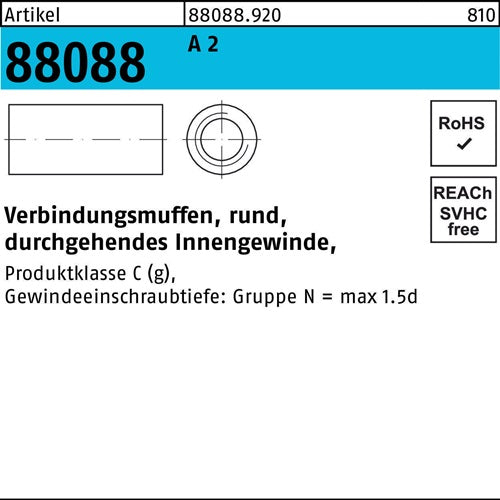 Verbindungsmuffe R 88088 rund IG M6x 30x 10 A 2 durchg Innengew 50 Stück - VPE: 50