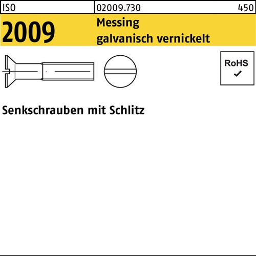 Senkschraube ISO 2009 mSchlitz M 5 x 10 Messing galvanisch vernickelt 200 Stück