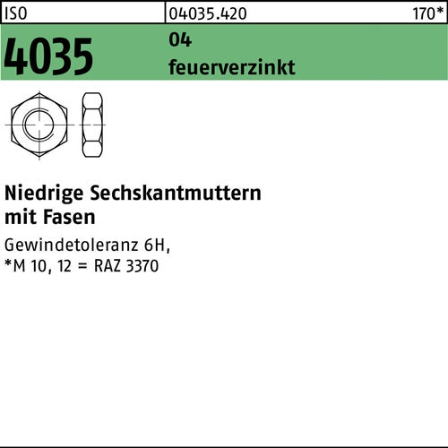 Sechskantmutter ISO 4035 niedrig Fasen M12 Automatenstahl feuerverz 100St - VPE: 100