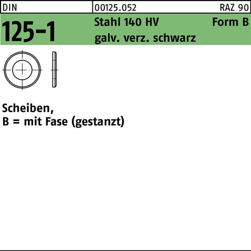 Unterlegscheibe DIN 125-1 Form B 64 x 12 x 16 Stahl 140 HV galvanisch verzinkt schwarz 1000 Stück