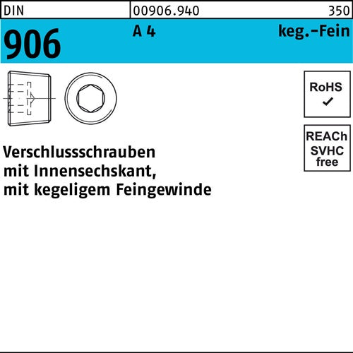 Verschlußschraube DIN 906 mInnen-6-kant M 20 x 15 A 4 100 Stück