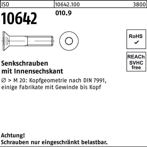 Senkschraube ISO 10642 Innen-6kt M10x 120 0109 50 Stück - VPE: 50