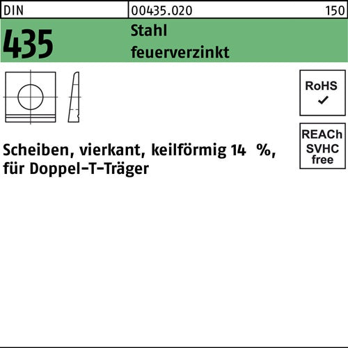 I-Scheibe DIN 435 vierkant keilförmig 9 Stahl feuerverzinkt Neigung 14% 100 Stück