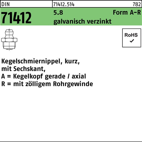 Kegelschmiernippel DIN 71412 FormA-R AR 1/4 SW14 58 galvverz 50St - VPE: 50