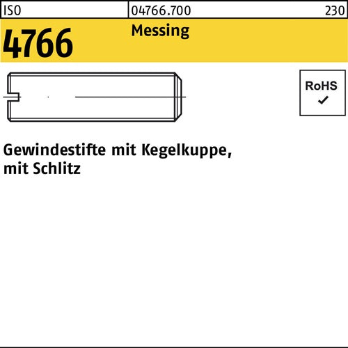 Gewindestift ISO 4766 Kegelkuppe/Schlitz M8x 16 Messing 100 Stück - VPE: 100