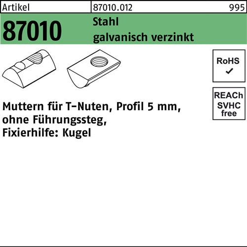 T-Nutenmutter R 87010 oFührungssteg 5mm M 4 Stahl galvanisch verzinkt 100 Stück