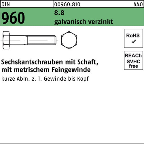 Sechskantschraube DIN 960 mSchaft M 14x15 x100 88 galvanisch verzinkt 50 Stück