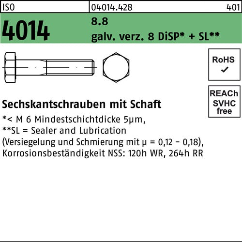 Sechskantschraube ISO 4014 mSchaft M 8 x 40 88 galvanisch verzinkt 8 DiSP+SL 200 Stück