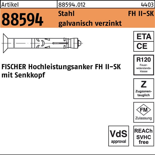 Hochleistungsanker R 88594 FH II 12/50 SK Stahl galvverz 25St FISCHER - VPE: 25
