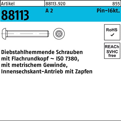 Schraube R 88113 diebstahlh Innen-6kt Zapfen M4x 10 A 2 100 Stück - VPE: 100