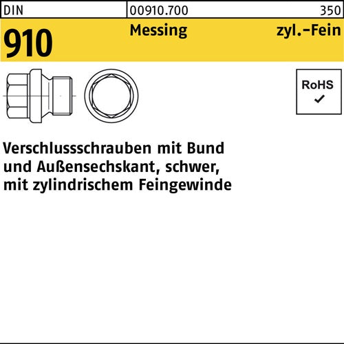 Verschlußschraube DIN 910 mBund/Außen-6-kant M 10 x 1 Messing 100 Stück