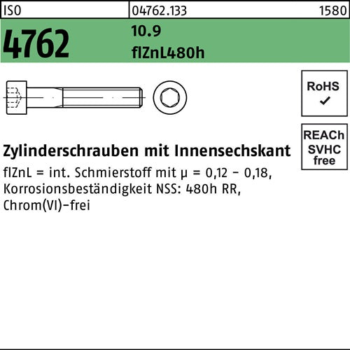 Zylinderschraube ISO 4762 Innen-6kt M6x40 109 zinklamellenb 200St - VPE: 200