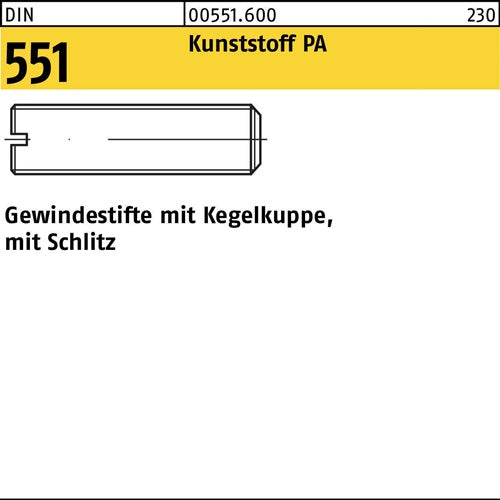 Gewindestift DIN 551 mKegelkuppe/Schlitz M 5 x 10 Polyamid 100 Stück