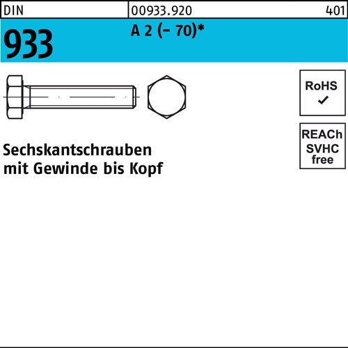 Sechskantschraube DIN 933 VG M 8 x 8 A 2-70 100 Stück