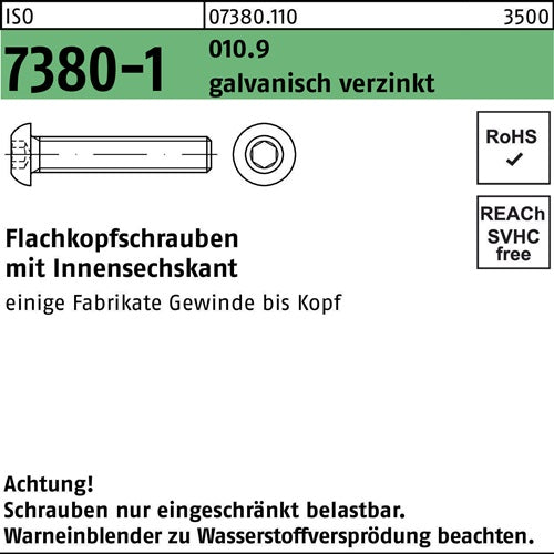 Flachkopfschraube ISO 7380-1 Innen-6kt M10x16 0109 galvverz 200St - VPE: 200