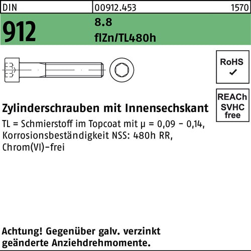Zylinderschraube DIN 912 mInnensechskant M 24 x 170 88 zinkbesch Gleitmittel flZnnc 480h-L 1 Stück