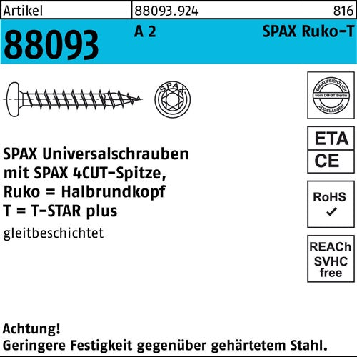 Schraube R 88093 Ruko Spitze/T-STAR VG 4x 35/30-T20 A 2 200 Stück SPAX - VPE: 200