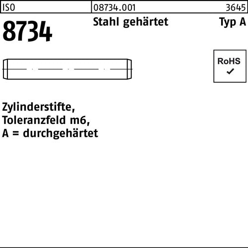 Zylinderstift ISO 8734 12 m6x 26 Stahl gehärtet Toleranz m6 100 Stück - VPE: 100