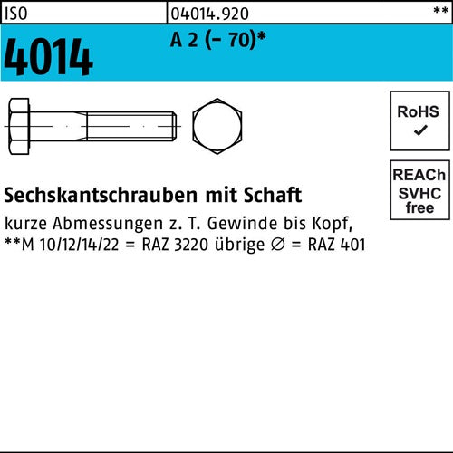Sechskantschraube ISO 4014 mSchaft M 12 x 85 A 2 (- 70) 50 Stück