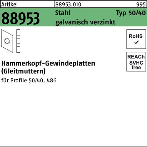 Hammerkopfgewindeplatte R 88953 Typ 50/40 M8 Stahl galvverz 100Stück - VPE: 100