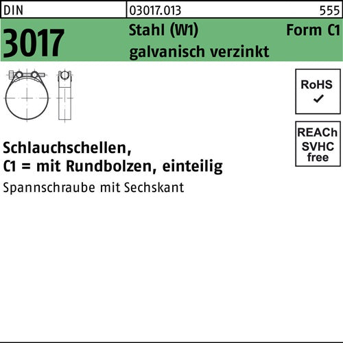 Schlauchschelle DIN 3017 W1 Form C1 121-130/25 Stahl galvanisch verzinkt fInnen-D 25 Stück