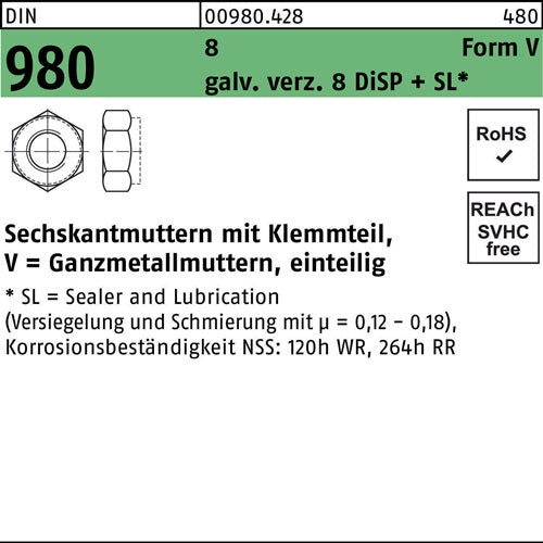 Sechskantmutter DIN 980 mKlemmteil V M 10 8 galvanisch verzinkt 8 DISP 500 Stück