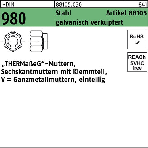 Sechskantmutter R 88105 Klemmteil M10 SW 17 Stahl galv verkupfert 100St - VPE: 100